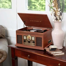 6-in-1 Nostalgic Bluetooth Record Player 3-Speed Turntable with CD and Cassette