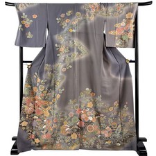 Japanese Silk Houmongi Kimono L 170cm Gray Flower circle pattern Flowing water 1