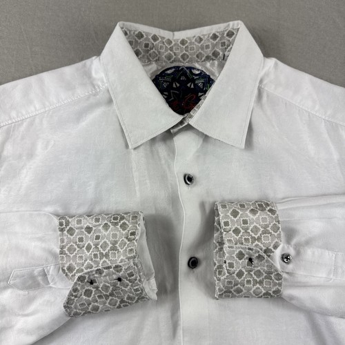 Robert Graham Shirt Mens Small White Floral Flip Cuff Long Sleeve Button Up READ