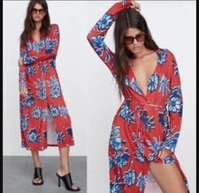 Zara Floral Red White Blue Belted Midi Dress NWT NEW S