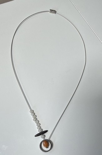 Avant Garde Silver Tone Cable Choker Necklace Asymmetric White Orange Beads