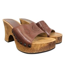 Vintage Elle Girl 90s Y2k Sandals Size 5.5 Brown Leather Wooden Platform Open