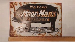 Moor Mans minerals embossed sign advertising agriculture farming tin feed seed