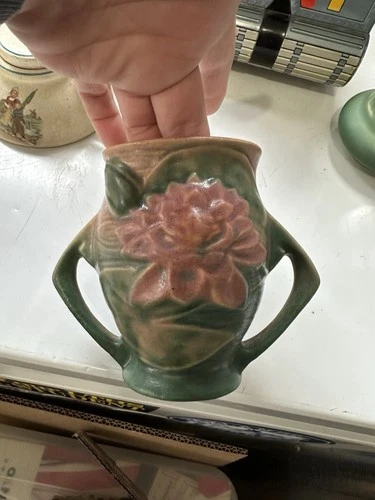 Vintage Roseville Water Lily handled Vase Art Deco 1940s