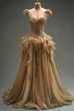 Elegant Champagne Evening Dresses V-neck A-line Strap Ruffle 3D Flower Chiffon