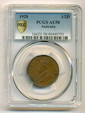 Australia George V 1928 1/2 Penny AU58 PCGS