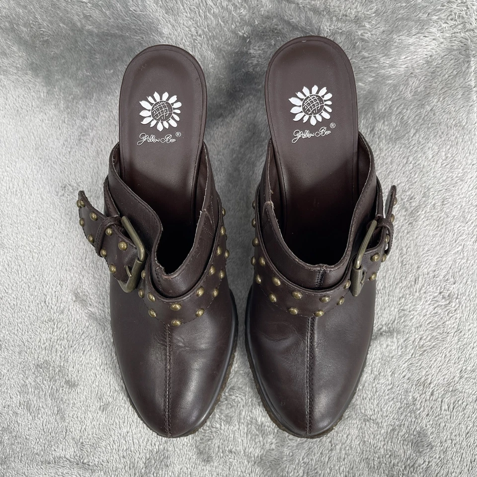 Caja Amarilla Y2K Tachuelas Zapatos Mujer Talla 7 Retro Marrón Cuero Cuña Tacones Hebilla Foto 3 de 4