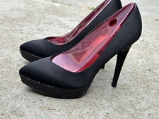 Vintage 1990s/Y2K Nina Glitter Stiletto-Silk-Black-High Heels-Platform-Size 8