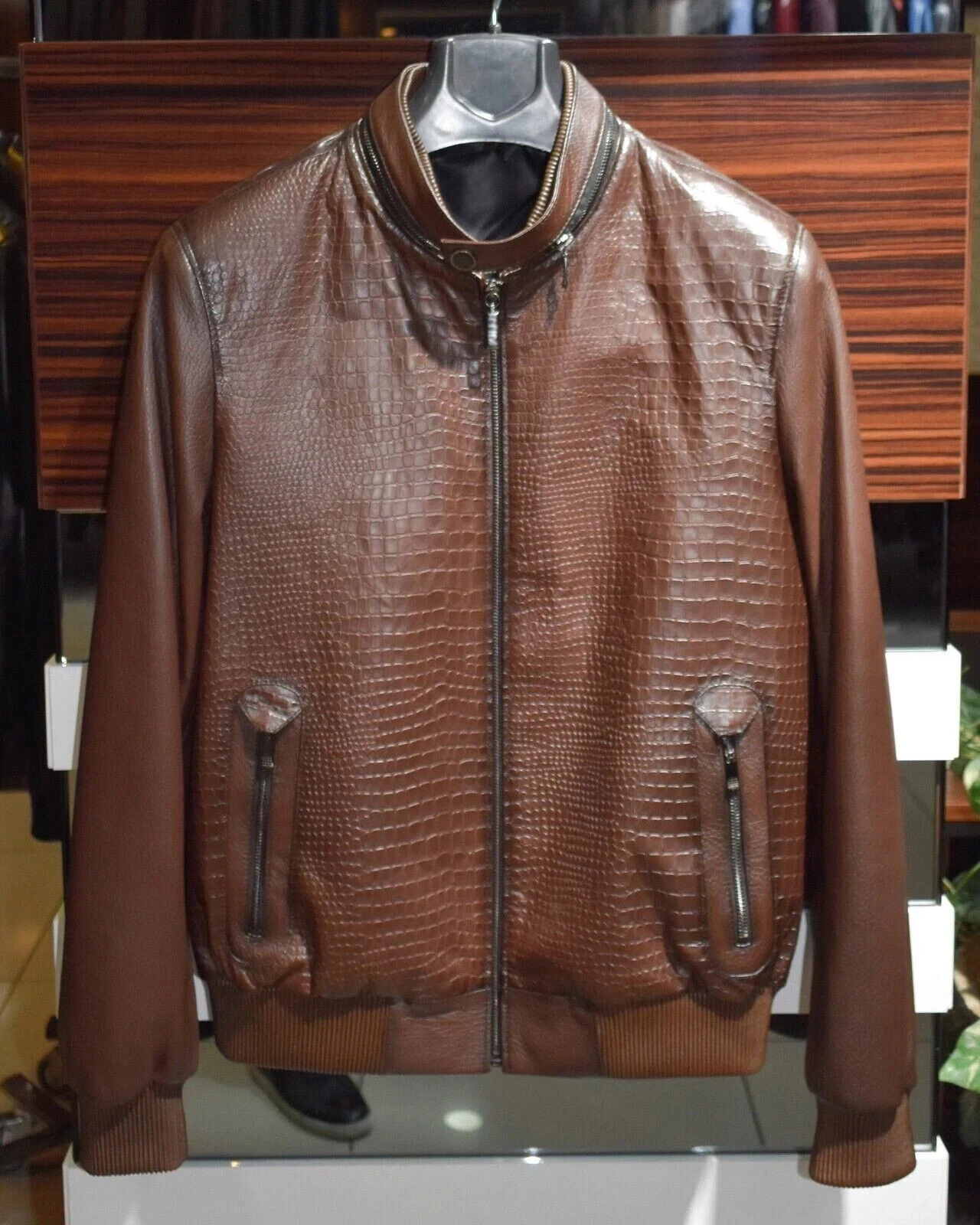 New Mens Brown Crocodile Embossed Texture Genuine Leather Bomber Jacket