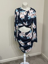 Women’s Blue Floral Print Crew Neck Long Sleeve Cut Out Front Summer Dress s M