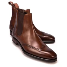 Handmade men brown boots, wingtip Chelsea boot for men, men leather boots