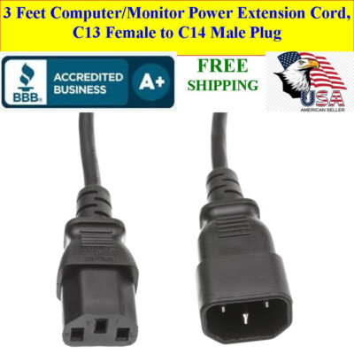 Computer and Monitor Power Extension Cord, C13 to C14, 10A, 3Ft Cable