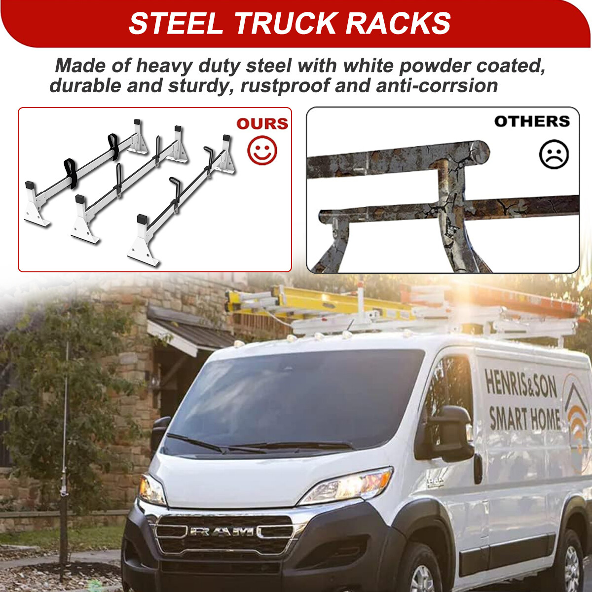 3 Bar Van Roof Ladder Rack 750lbs Load For RAM ProMaster City 2015+ White Steel