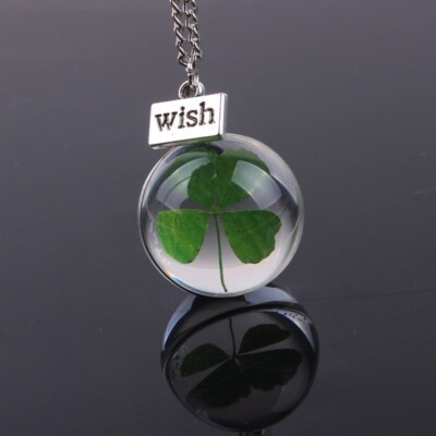 Four (4) Leaf Clover Lucky Necklace, St Patrick's Day, Green Wish Round Resin
