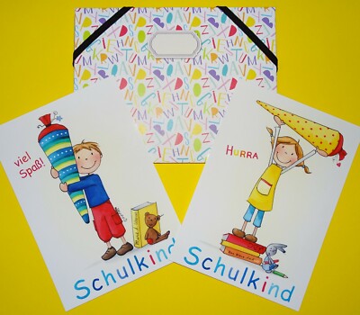 Postkarte''Zum Schulanfang/Einschulung''Schulkind Junge/Mädchen Mappe Geldgeschenk