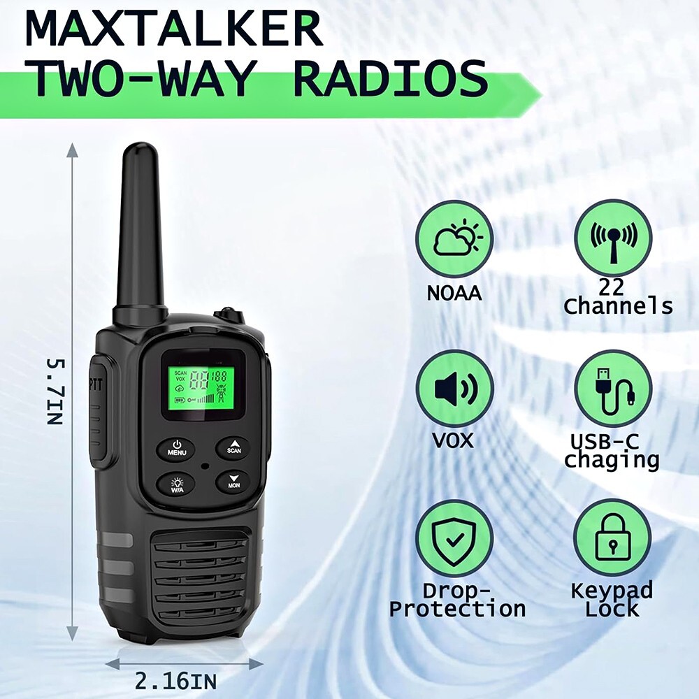 LONG RANGE WALKIE TALKIE 2 SET USB-C RECHARGEABLE LED FLASHLIGHT FRS VOX NOAA