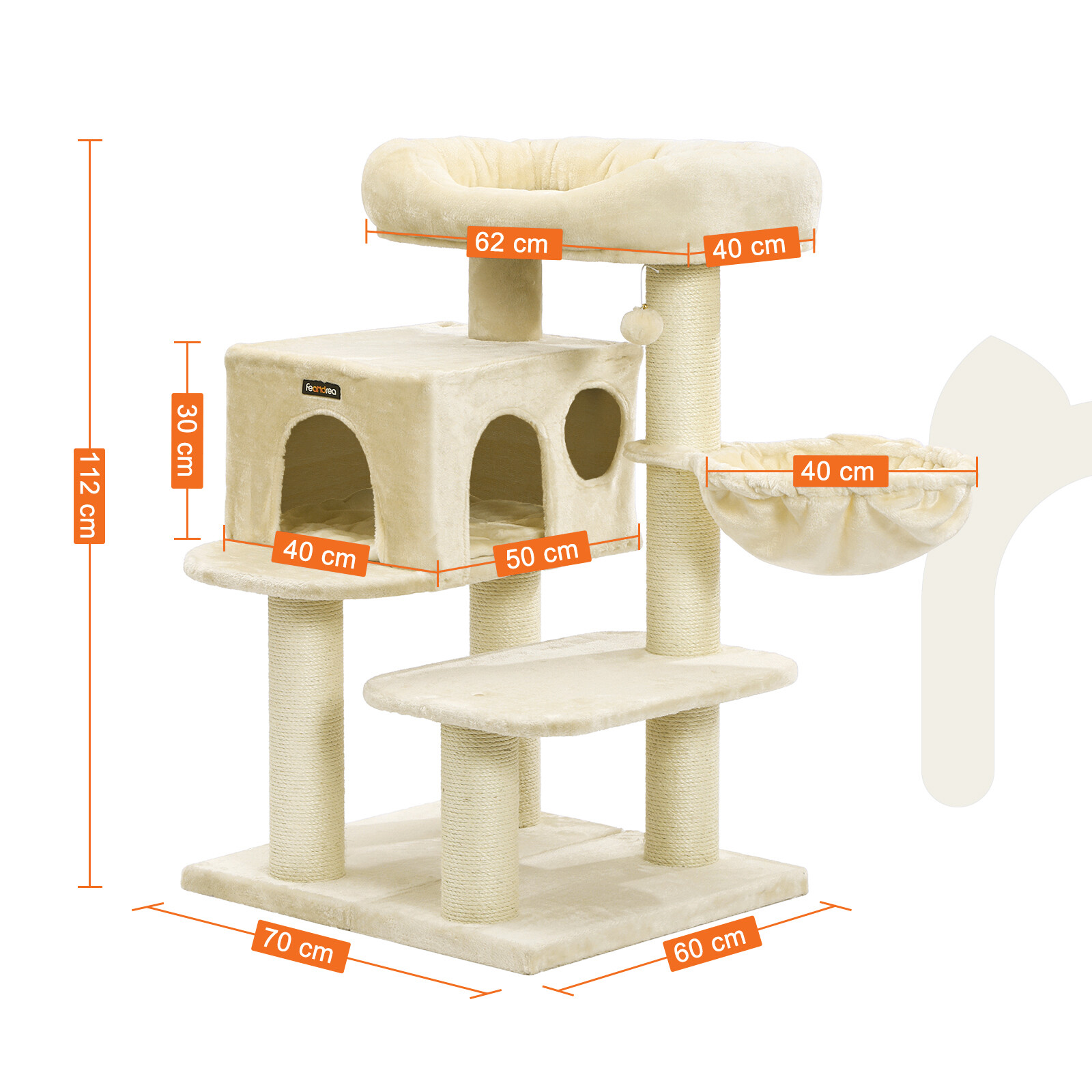 Natrlicher Katzenbaum FEANDREA XXL Kratzbaum Fr Katzen - 112 Cm Hoch, Mit  Sisal-Stmmen & Naturholz, Beige Kratzbaum XXL