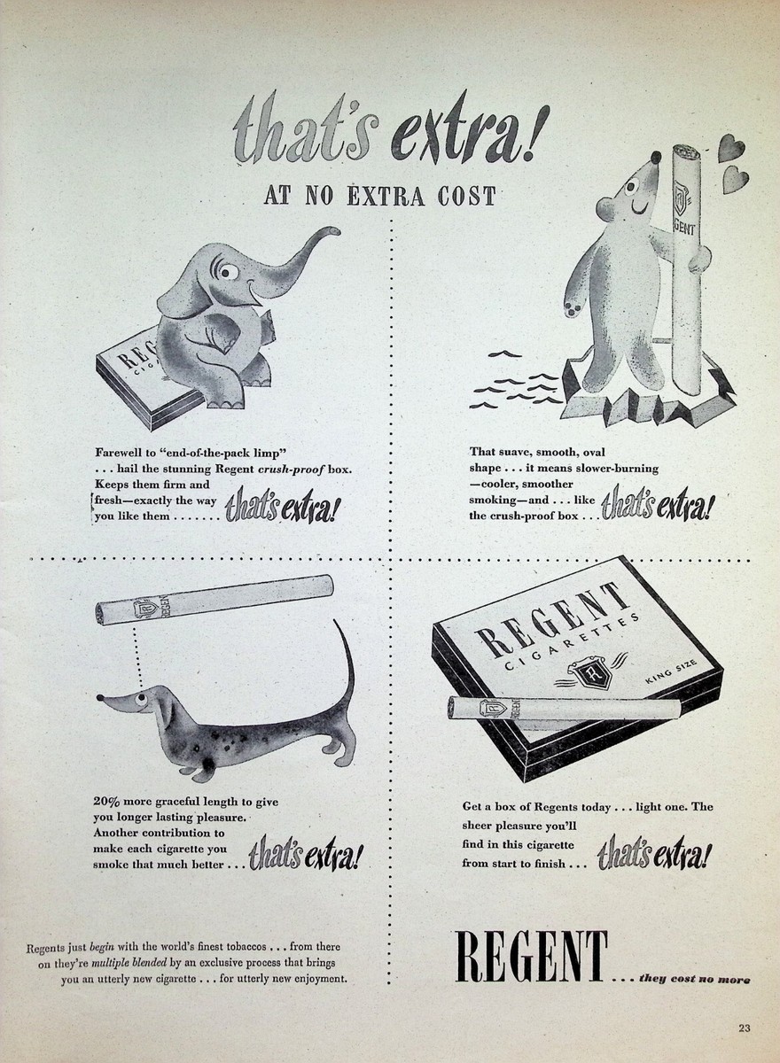 sheer cigarettes VINTAGE 1940s Print Ad ~ Regent Cigarettes ~ that's extra! AT NO EXTRA COST