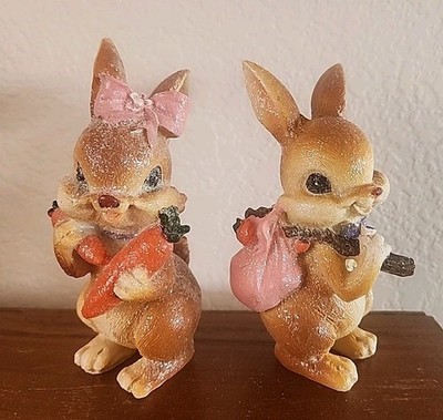 Set of 2 Easter Bunny Rabbit Figurines Glitter Spring Decor 6''