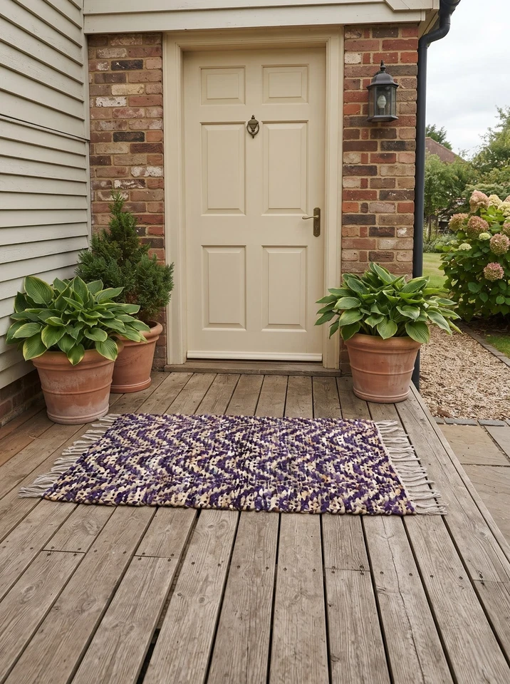 Tapis d’extérieur tissé main en cuir et coton Chevron Beige Pourpre Zigzag - Photo 1/4