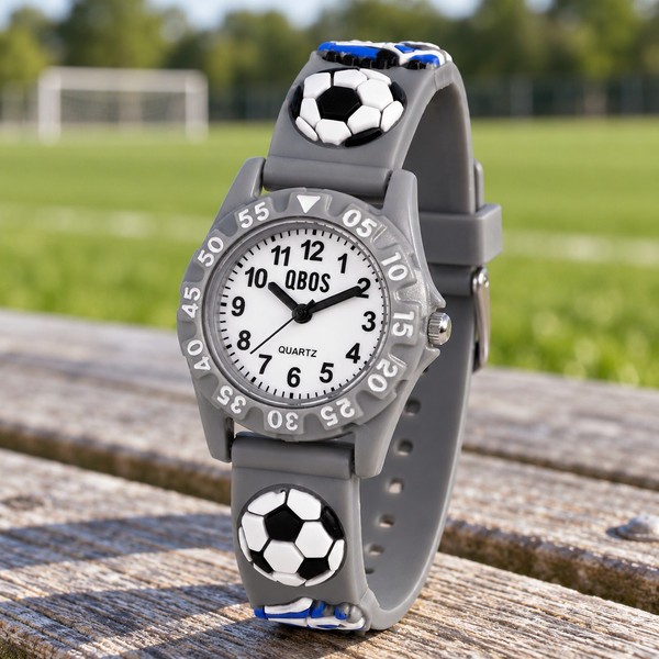 Kinderuhr FußBall Qbos Grau Silikon Lernuhr Analog Quarz Jungen 28 Mm Armbanduhr-image
