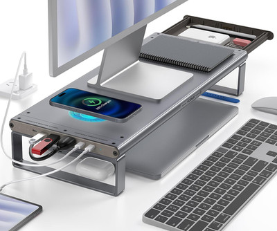 Aluminum Monitor Stand HUB with 6-in-1 Docking Station & Wireless Charging