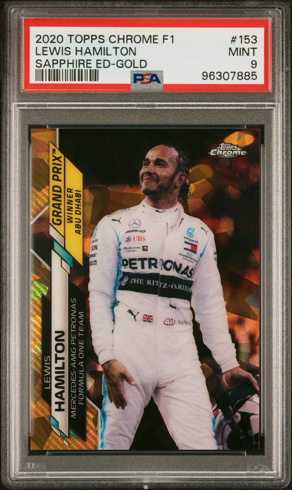 Lewis Hamilton 2020 Topps Chrome F1 Sapphire Gold /50 PSA 9 #153 Top Grade RC view 2