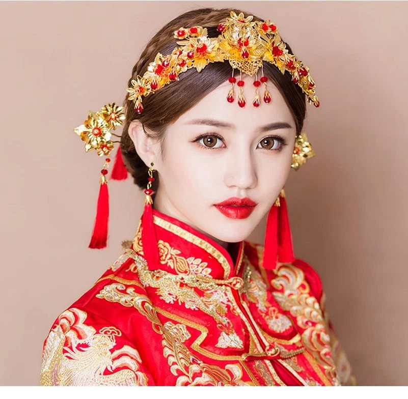 Traje Tocado Chino Boda Novia Disfraz Antiguo Cabello Borla Roja Horquilla Foto 2 de 4