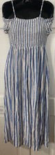Magnolia Skye Smocked Maxi Dress Womens Med Blue White Striped Boho Beach Resort