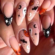 Halloween Press on Nails Almond Mediume Length French Fake Nails with Pink-28