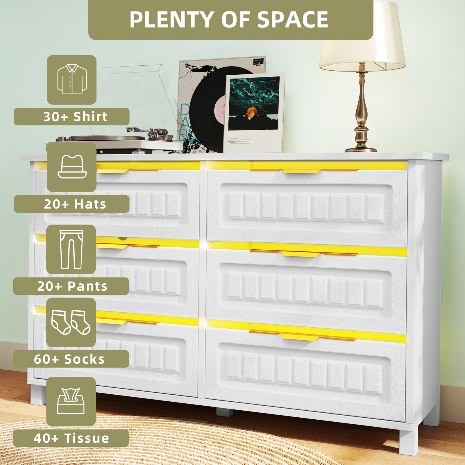 Chest of 6 Wood Drawers Dresser White Bedroom Cabinet LED Lights & Charging Dock