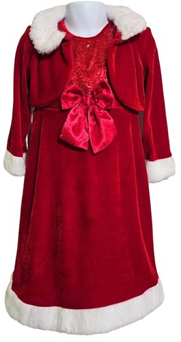 Girls Velvet Sequin Christmas Dress Cardigan Red Velvet White Faux Fur Holiday 5 - Picture 2 of 6
