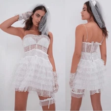 For Love & Lemons Coquette Jules Mini Dress in White Medium Corset Ruffles Lace