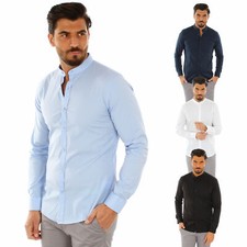 Camicia Uomo Collo Coreana Slim Fit Serafino Bianca Blu Nera Cotone Casual 