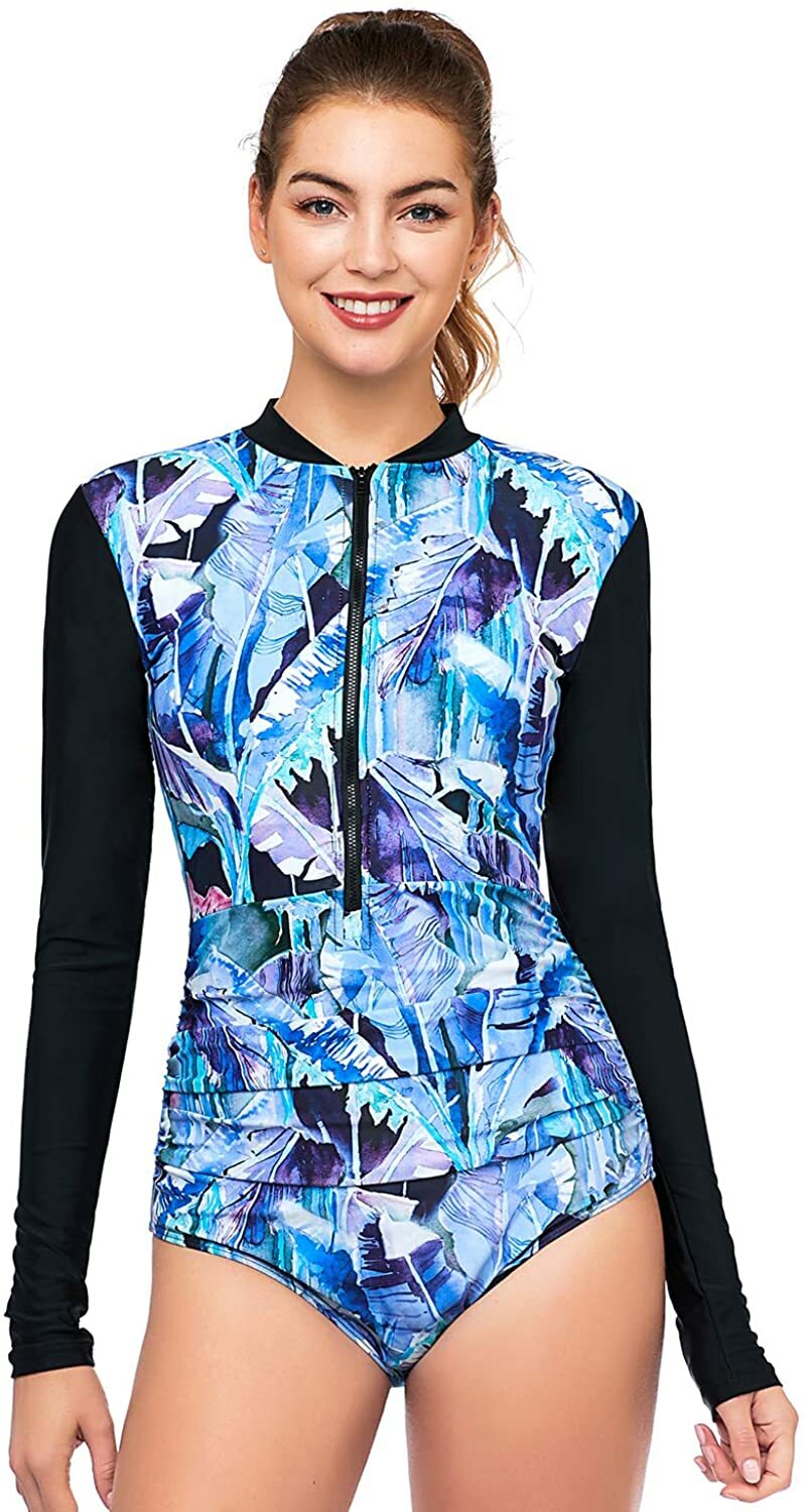 AXESEA Womens Rash Guard Long Sleeve One Piece Swimsuit Ruched Zip Bathing Suit eBay