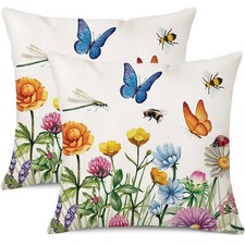 Spring Floral Throw Pillow Covers 18 x 18 Set of 2 Flowers Bees and Butterfli...