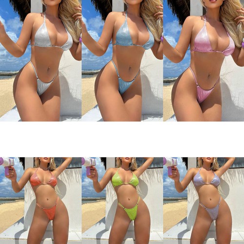 Damen Bikini Sets Sexy Glitzer BH mit Thongs Bademode Badeanzug Summer Beachwear - Picture 4 of 60