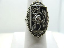 925 Sterling Silver Real Marcasite Floral Design on Black size 6