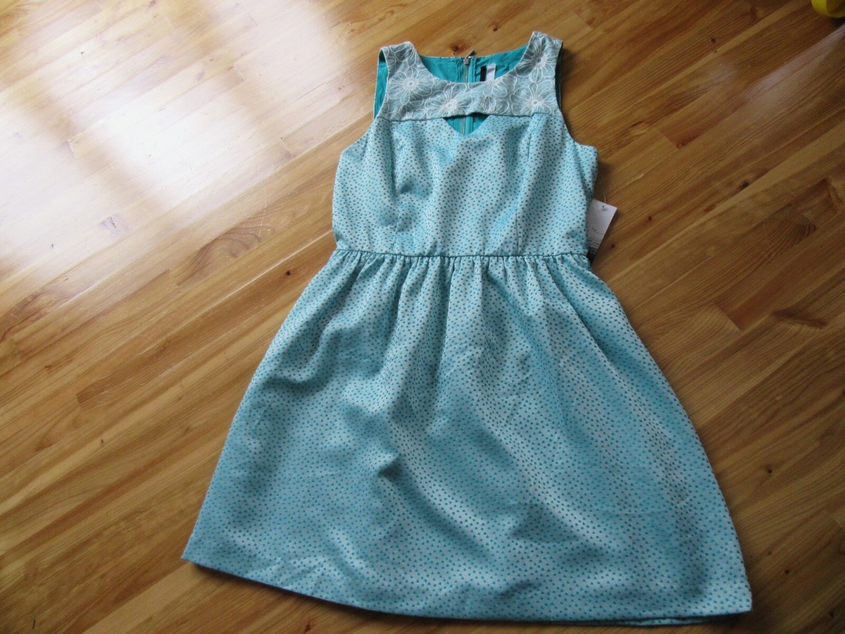 Kensie M Teal Dots Embroidered Lined Back Zip Mini Dress Nice/ Cute NWT