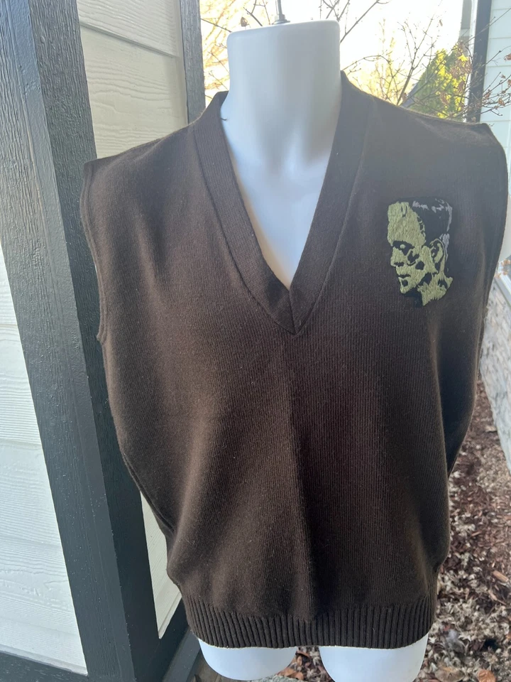 Vintage Frankenstein Classic Movie Monster Hand Embroidered Wool Sweater Vest L - Image 4 of 4
