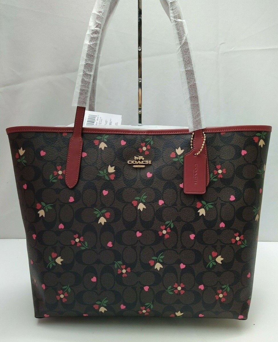 ★HAZZYS★CELIA★Simple Pocket Point Tote/Shoulder Bag M★ Coach City Tote Signature Canvas W/ Heart Petal Print Tote
