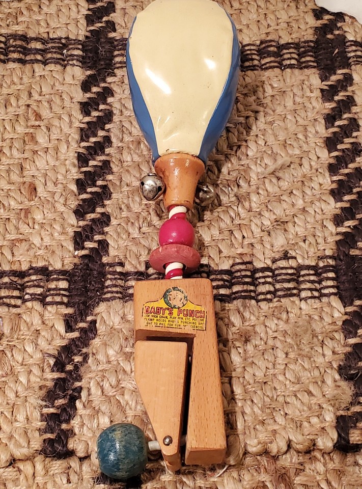 Vintage Punching Bag Crib Playpen Toy "Baby's Punch" Wooden Clamp 1950