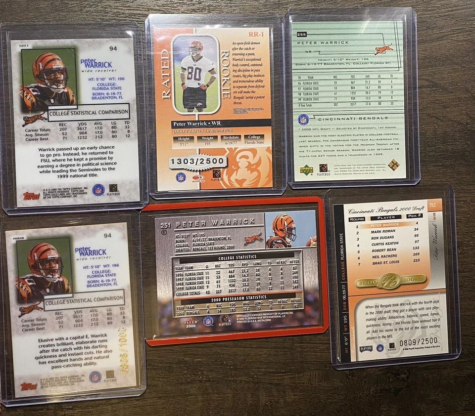 Peter Warrick Rookie Card Lot (6 Total) Seminoles Bengals FSU /1000 Gold /2500 - Image 2 of 4