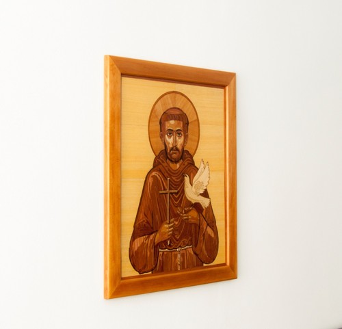 St Francis Icon on Wood Russian Byzantine Christian marquetry picture - Picture 4 of 14