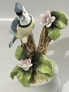 Vtg Bisque Porcelain Blue Bird in tree branch pink flowers Figurine Music Box 8"