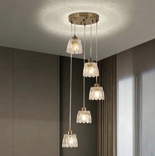 Long Chandeliers for High Ceilings, 5 Light Drop Modern Gold Glass Pendant Light