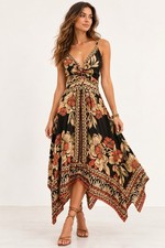 Angie Black Rust Floral Boho Handkerchief Midi Maxi Dress Women's L