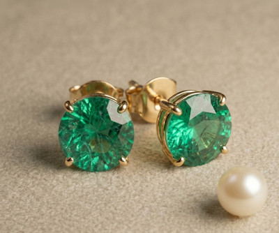 14K Gold Vermeil Lab Emerald Stud Earrings, 925 Sterling Silver, gift For her