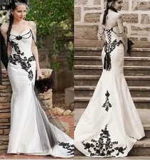 Black White Mermaid Wedding Dresses Lace Appliques Vintage Gothic Bridal Gowns