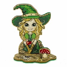 DIY Wooden Cross-stitch embroidery kit Little Witch In Green Halloween Craft
